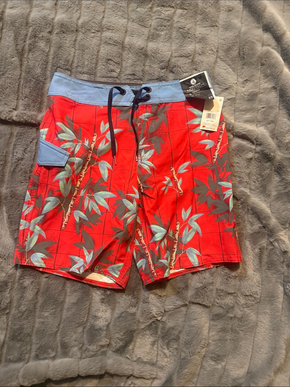 Volcom Red Tropical Board Shorts with Blue Waistband